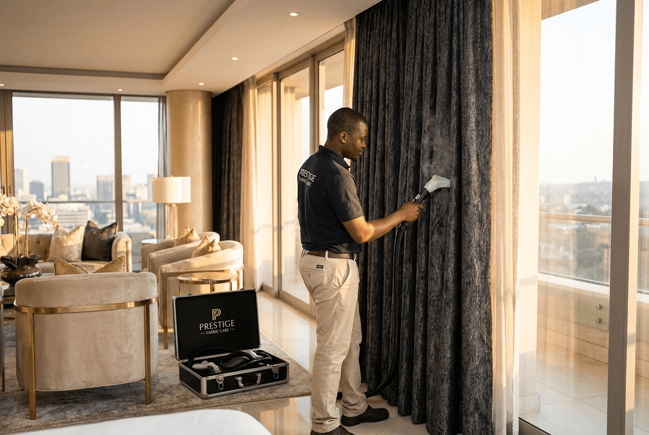 Specialist on-site curtain cleaning in a luxury Johannesburg home